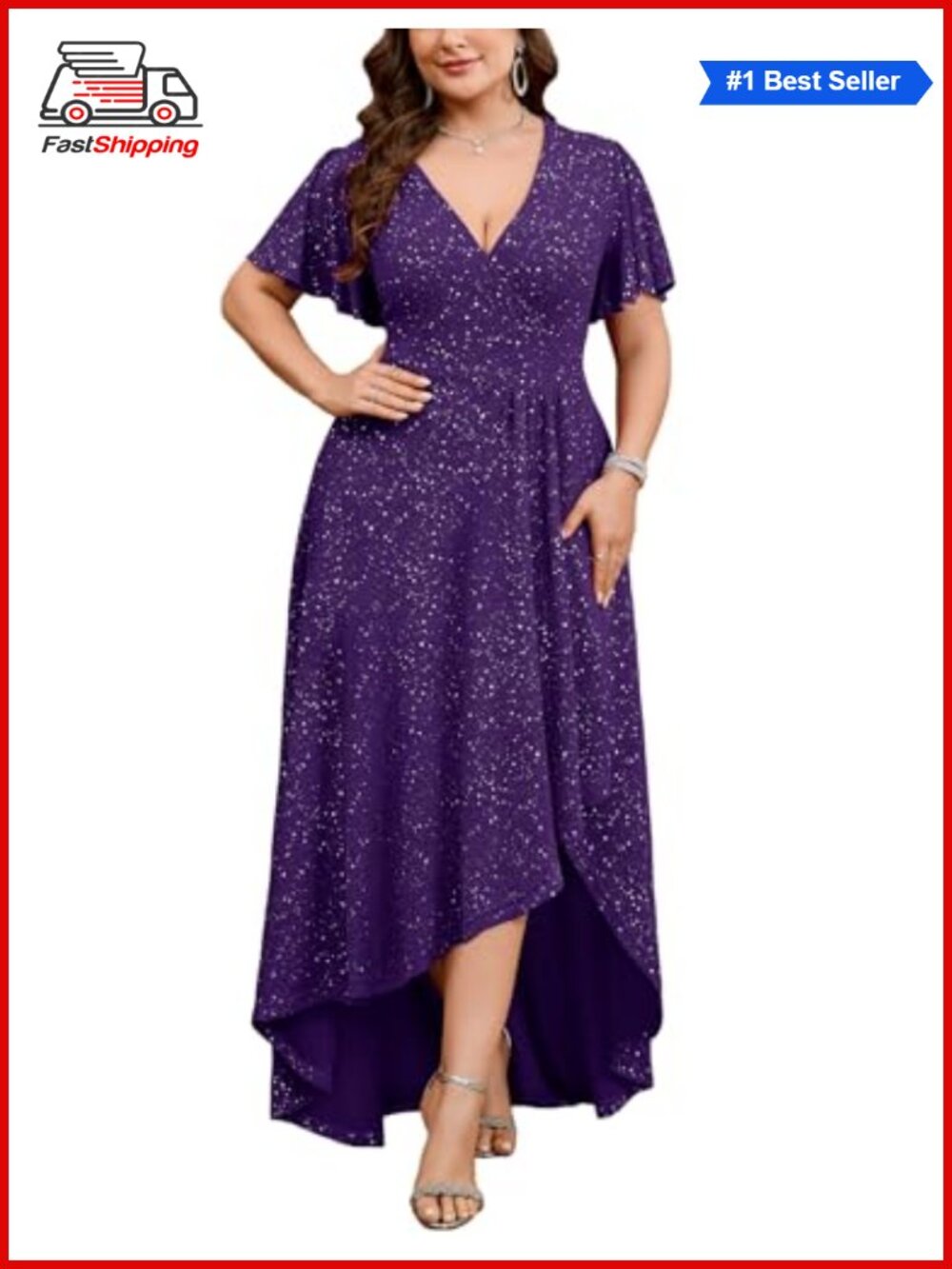 ✨Plus Size Glitter Formal Maxi Dress V Neck High Low Hem Ruched Ruffle Sleeve